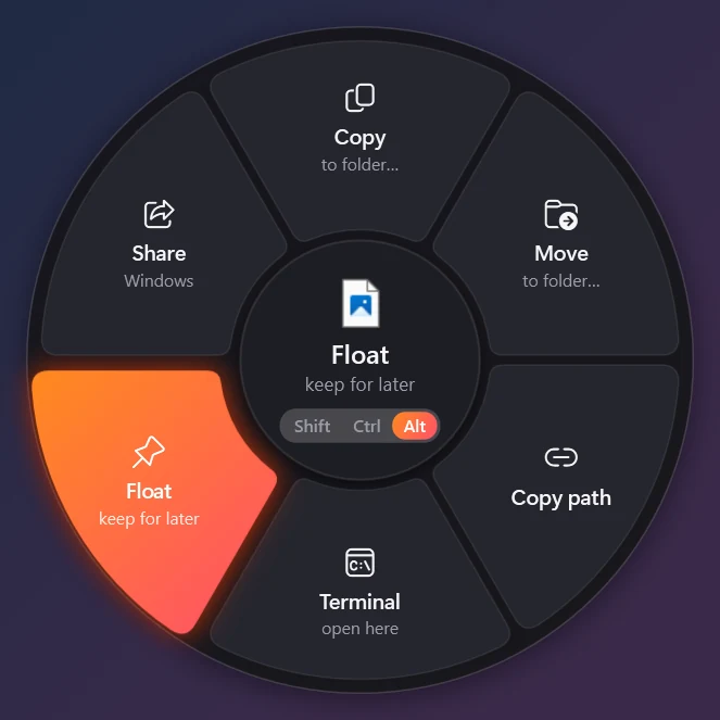 Actions wheel: copy to, move to, copy path, terminal, shelf, share