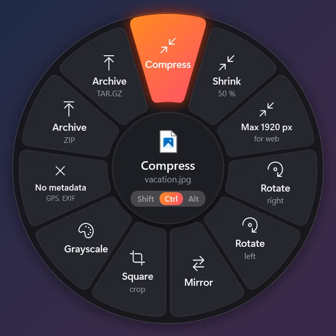 Tools wheel for an image: compress, shrink, rotate, text (OCR)…